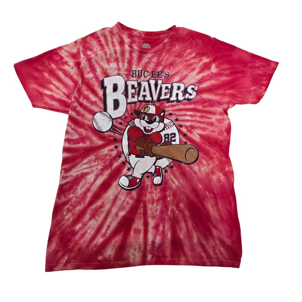 Buc-ee's Beavers Baseball Graphic T-Shirt Red Tie Dye Mens Small Short Sleeve